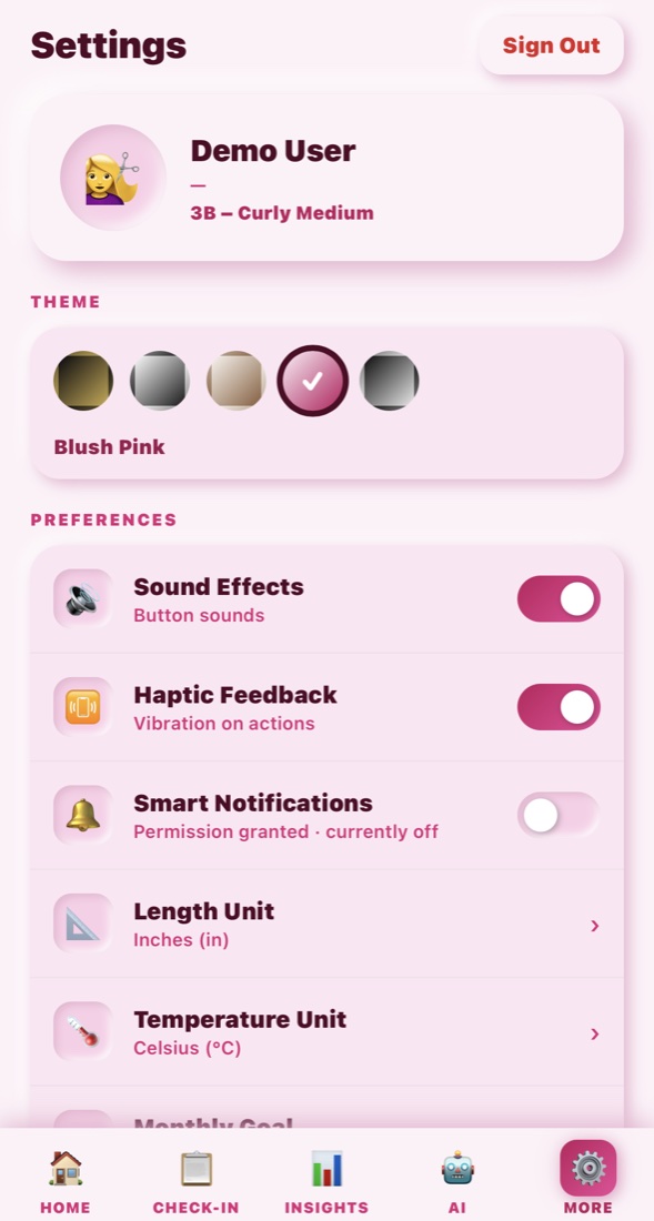 Blush Pink settings screen